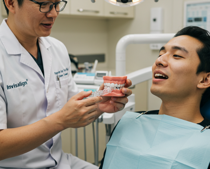 Dentist showing patient how invisalign works