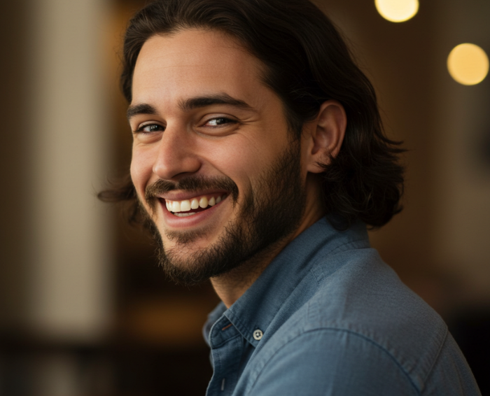 Man smiling with veneers after expert treatment at Claregate Dental