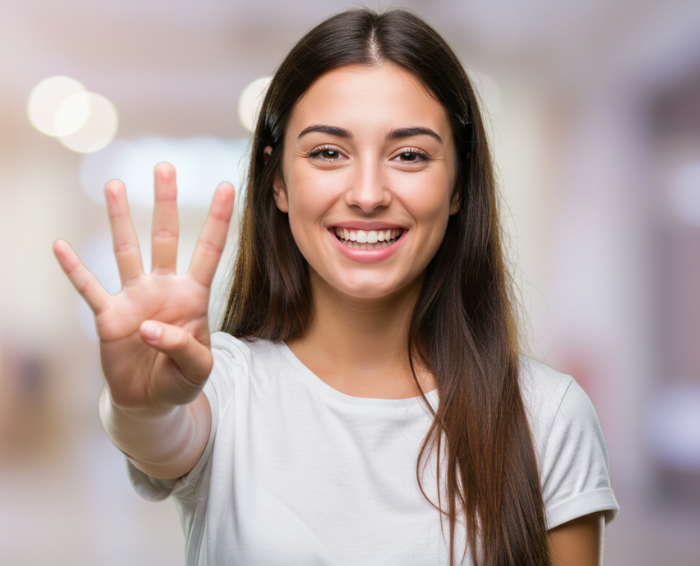 woman smiling with a perfect and healthy mouth holding up four fingers